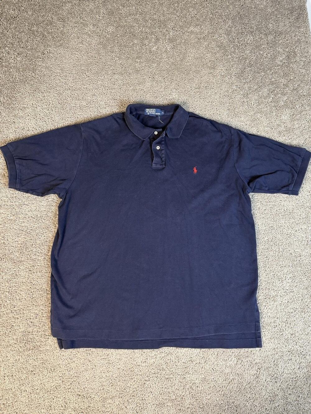 VTG Polo Ralph Lauren Polo Shirt Mens XL Blue Short Sleeve 100% Cotton Collared